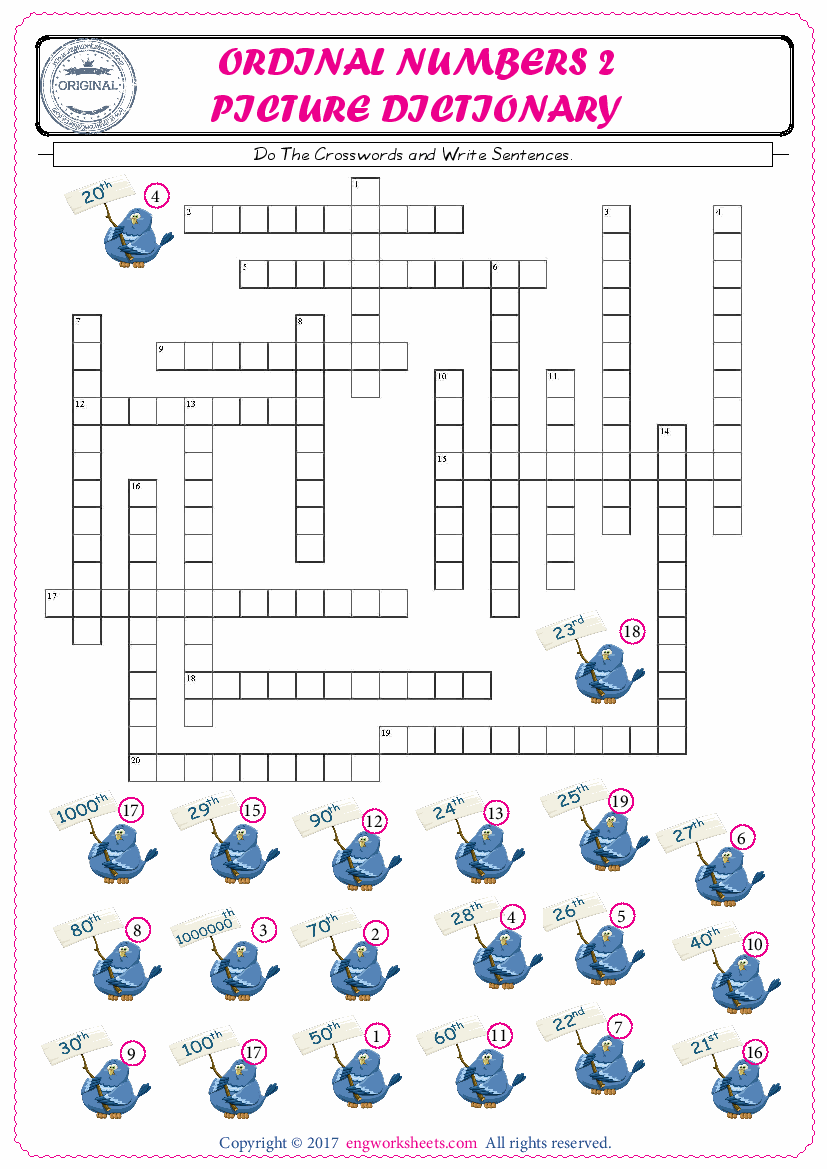  ESL printable worksheet for kids, supply the missing words of the crossword by using the Ordinal Numbers picture. 